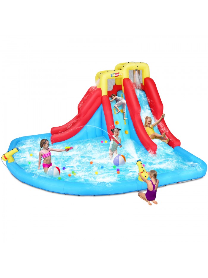 Veeboto Inflatable Water Slide, Inflatable Water Slide with 440W Blower, Includes Large Play Pool, Double Slides, Climbing Wall, Double Water Cannons for Large Water Parks