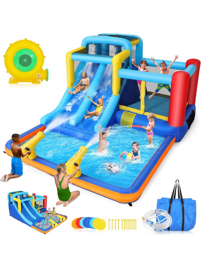 Qhomic Inflatable Water Slide with Blower, Bounce House with 2 Slides, Jumping Zone, Climbing Wall, Ball Pit and 2 Water Cannons