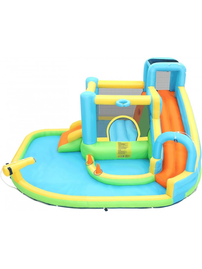 Qhomic Bounce House for 3-12 Years, Inflatable Water Slide with Climbing Wall, Ball Pool, Water Guns, Basketball Hoop, Hoop Game, Boxing Game, Indoor/Outdoor Kids Bouncy Castle without Blower