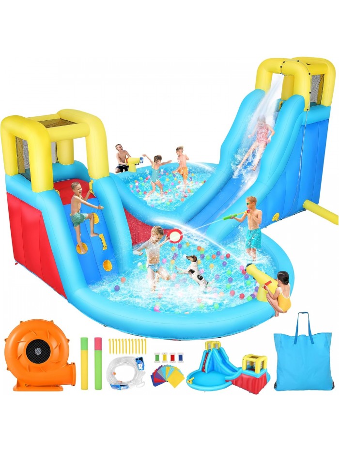 Qhomic Inflatable Water Slide, Bouncy House with Water Slide, Climbing Wall, Dual Splash Pool, 2 Water Gun & 520W Blower, Suitable for Backyard Park Outdoor
