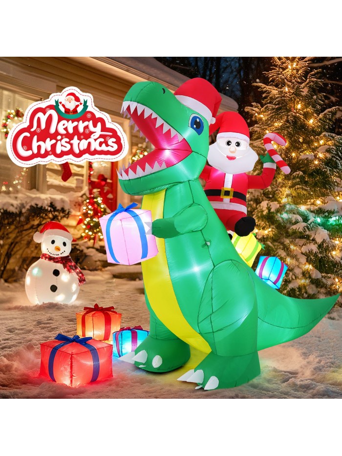 Qhomic 7FT Inflatable Christmas Figure with Built-in LED Lights, Inflatable Santa Claus with Christmas Dinosaur, Perfect for Indoor and Outdoor Party Decorations in Yards, Lawns, Living Rooms